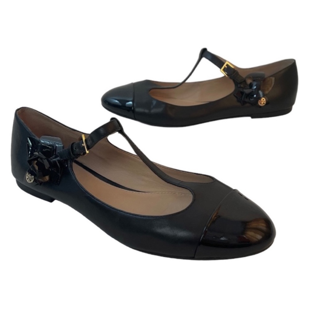 Tory Burch ‘Blossom' Black Leather Captoe T-Strap Mary Jane Flat